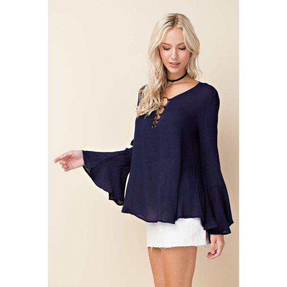 Women's Solid Bell Sleeve Top With Front Ring Detail Blouse Super Cute & Comfy - Picture 3 of 8